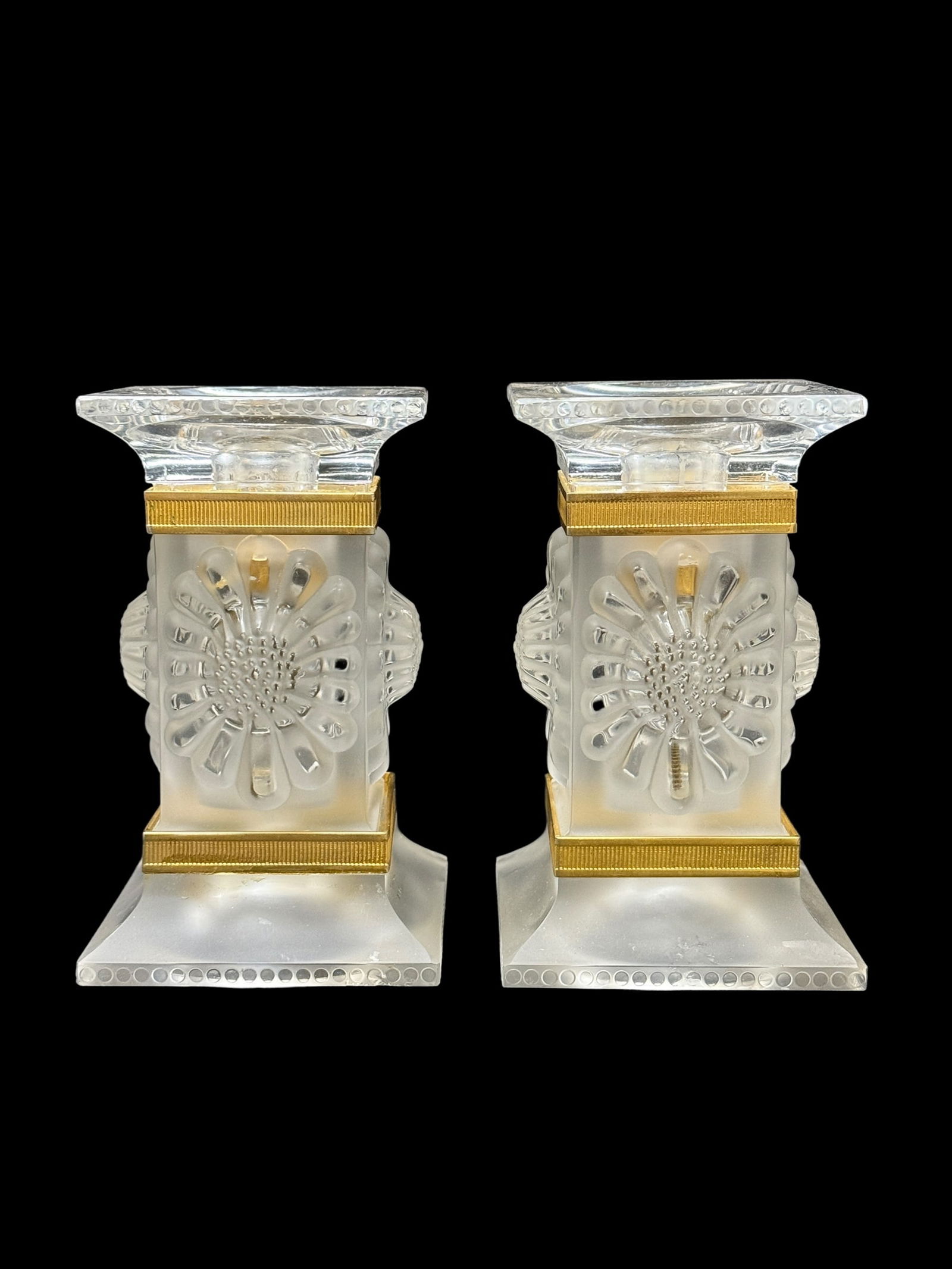 Pair of Signed Lalique France Gilt & Glass Column Candlesticks (1 of 8)