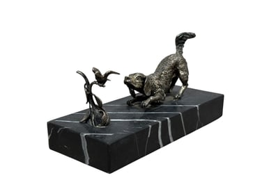 Spanish Sterling Dog & Bird on Branch Sculpture on Marble Base