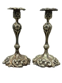 Pair of Antique Sterling Silver Floral Candlesticks