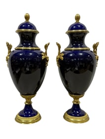 Pair of French MP Sevres Bronze Mounted Blue Porcelain Urns
