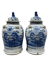 Pair of 19th C. Blue & White Chinese "Four Seasons" Temple Lidded Jars