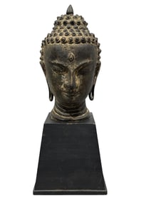 Cast Iron Buddha Bust on Wood Base