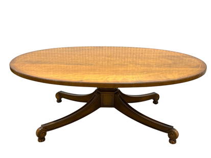 MCM Style Oval Top Tomlinson Furniture Coffee Table w/ Inlay: MCM Style Oval Top Tomlinson Furniture Coffee Table w/ Inlay. Inlaid table top with carved feet. Measures 17.5" H x 49" W x 34" D. Has some light scuffs and surface scratches.