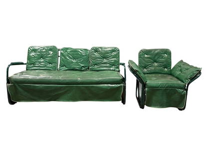 MCM Green Glider Couch & Chair: MCM Green Glider Couch & Chair. Couch measures 33" H x 66" W x 32" D. Chair measures 34" H x 38.5" W x 29.5" D. Refer to pictures for condition.