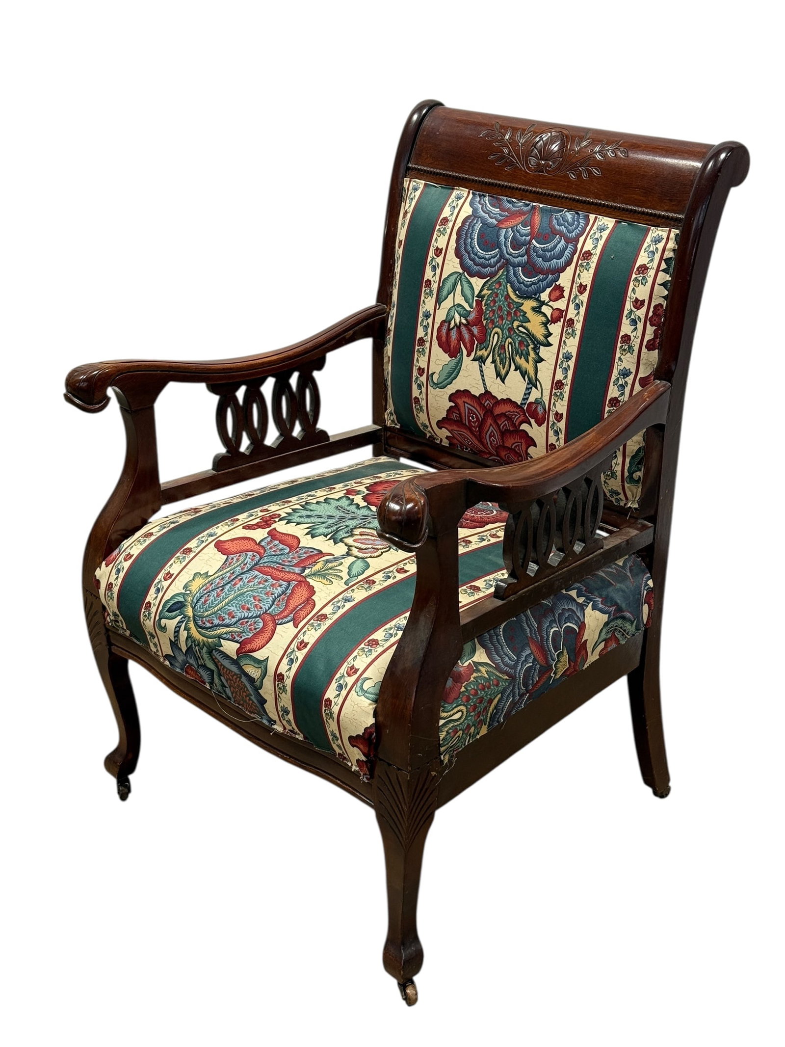 Edwardian Style Carved Arm Chair: Edwardian Style Carved Arm Chair. Measures 37.5" H x 25.5" W x 25.5" D. Seat height measures 19" H. Has scuffs and scratches. Fabric has some fraying.