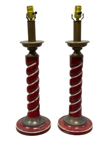 Pair of Red Wood Barley Twist Candlestick Lamps
