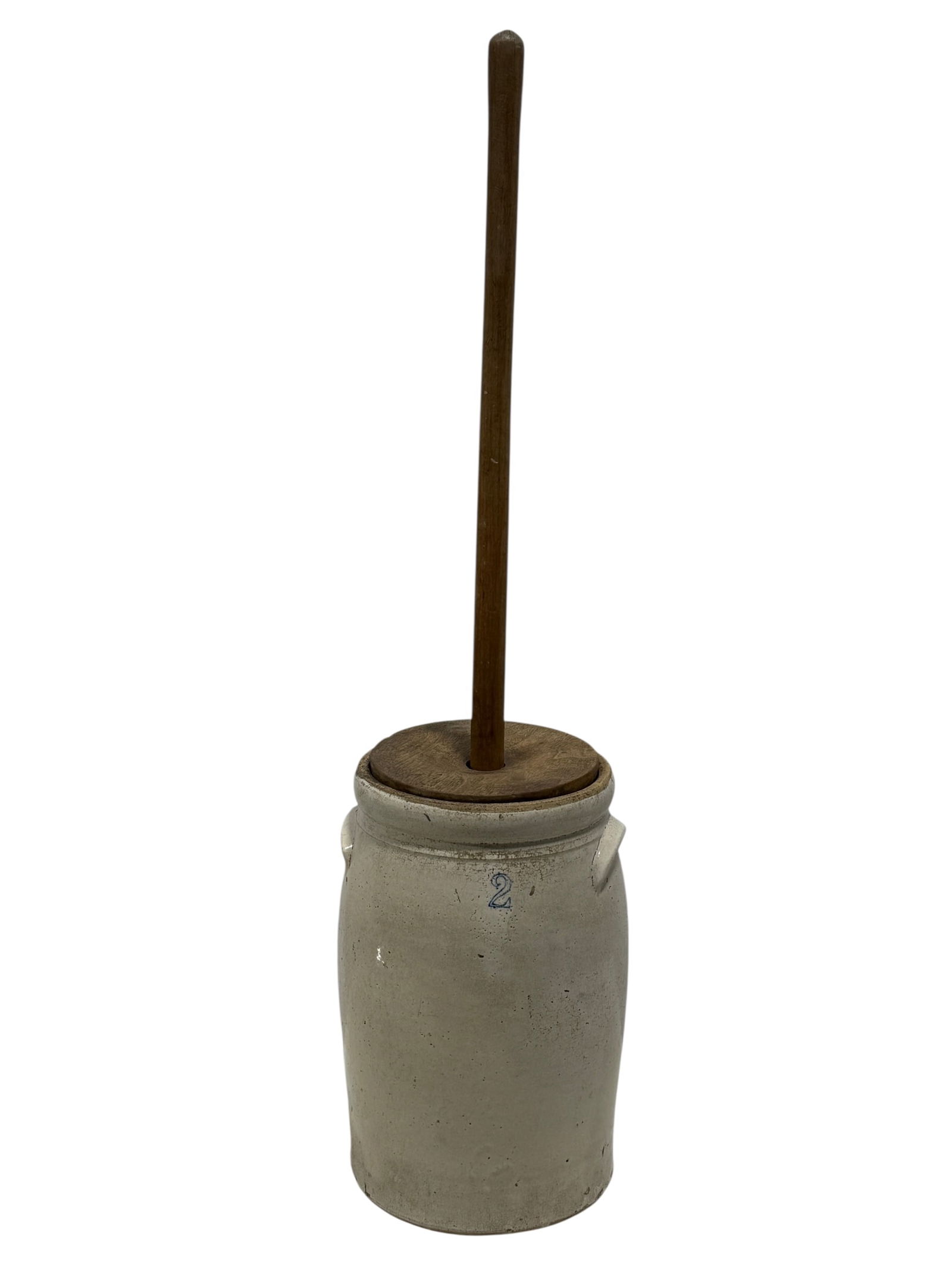 2 Gal Pottery Churn w/ Dasher: 2 Gal Pottery Churn w/ Dasher. Marked "2" on the front. Overall measures 33" Tall. Churn measures 12.75" Tall alone. Dasher measures 32.5" Tall alone. Has scuffs and scratches.