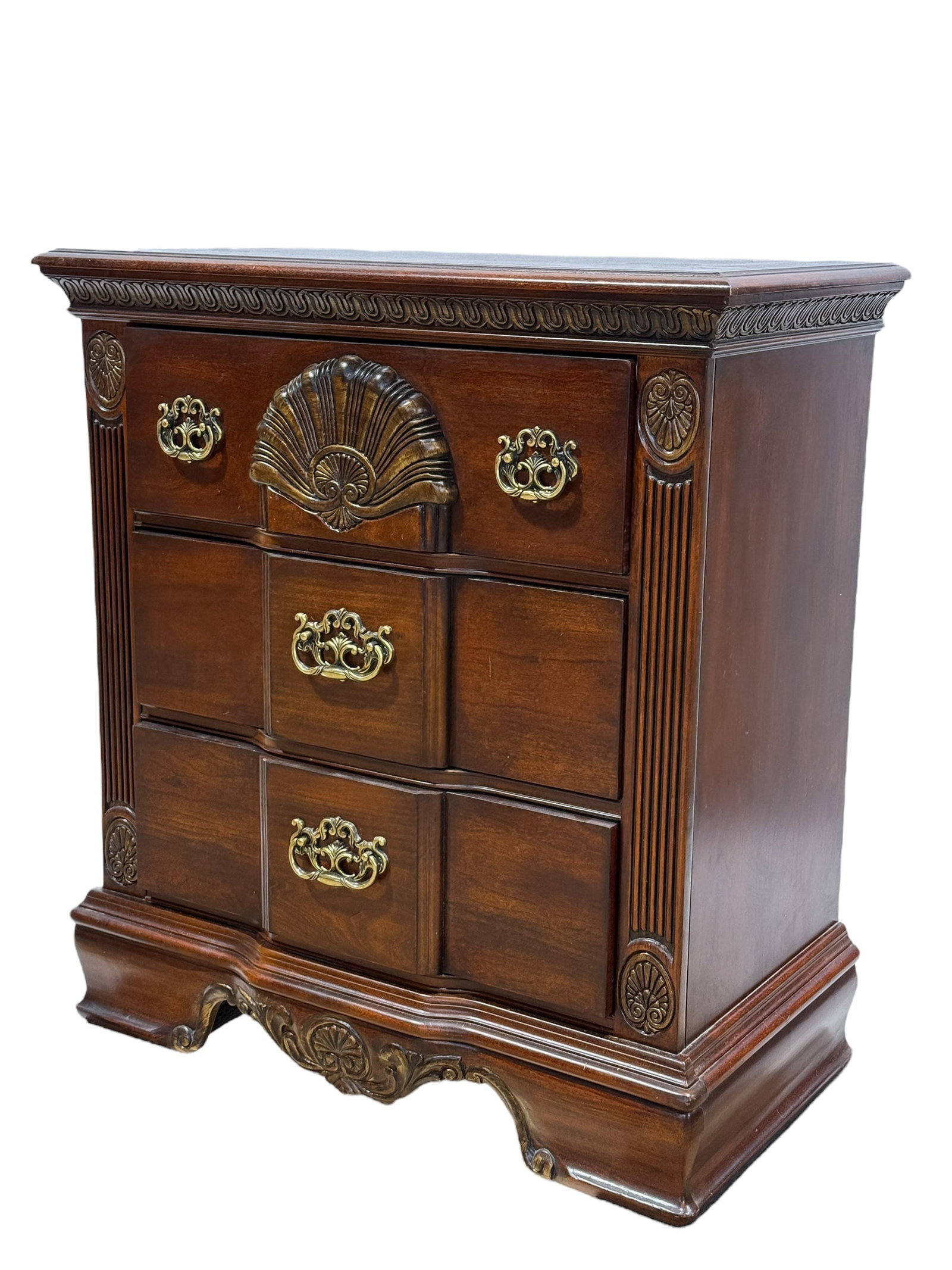 Kathy Ireland Home Nightstand: Kathy Ireland Home Nightstand. Label in top drawer. Measures 33" H x 30" W x 16" D. Has scuffs and scratches. Also, band inlay on top as damage.
