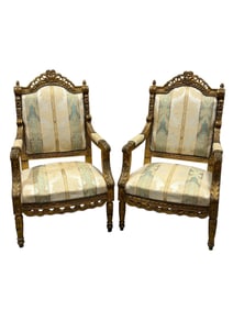 Pair of 1930s French Louis XV Style Giltwood Empire Arm Chairs