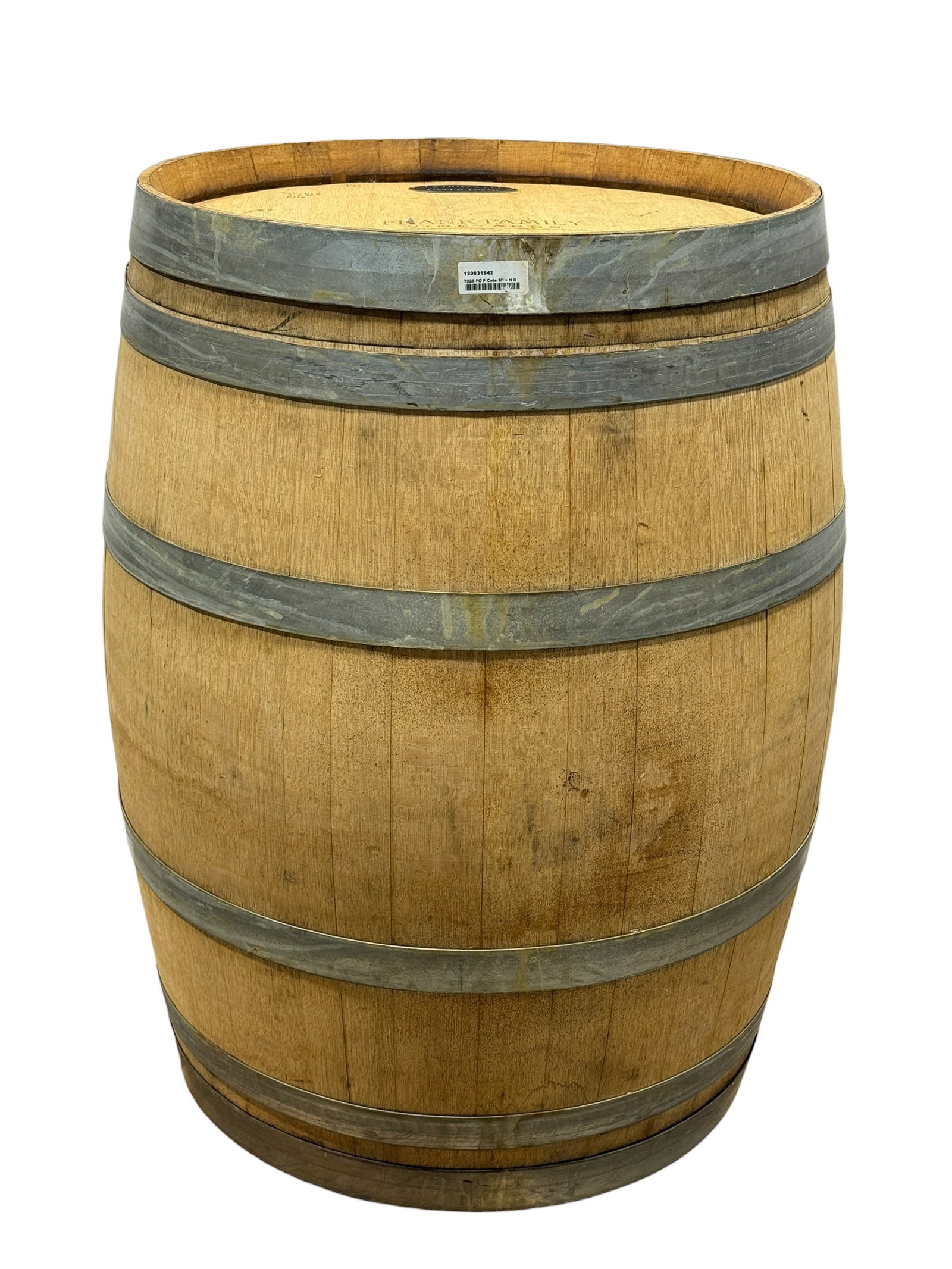 Frank Family Vineyards French White Oak Wine Barrel: Frank Family Vineyards French White Oak Wine Barrel. Measures 34.25" H x 25.5" W x 25.5" D. In used condition.