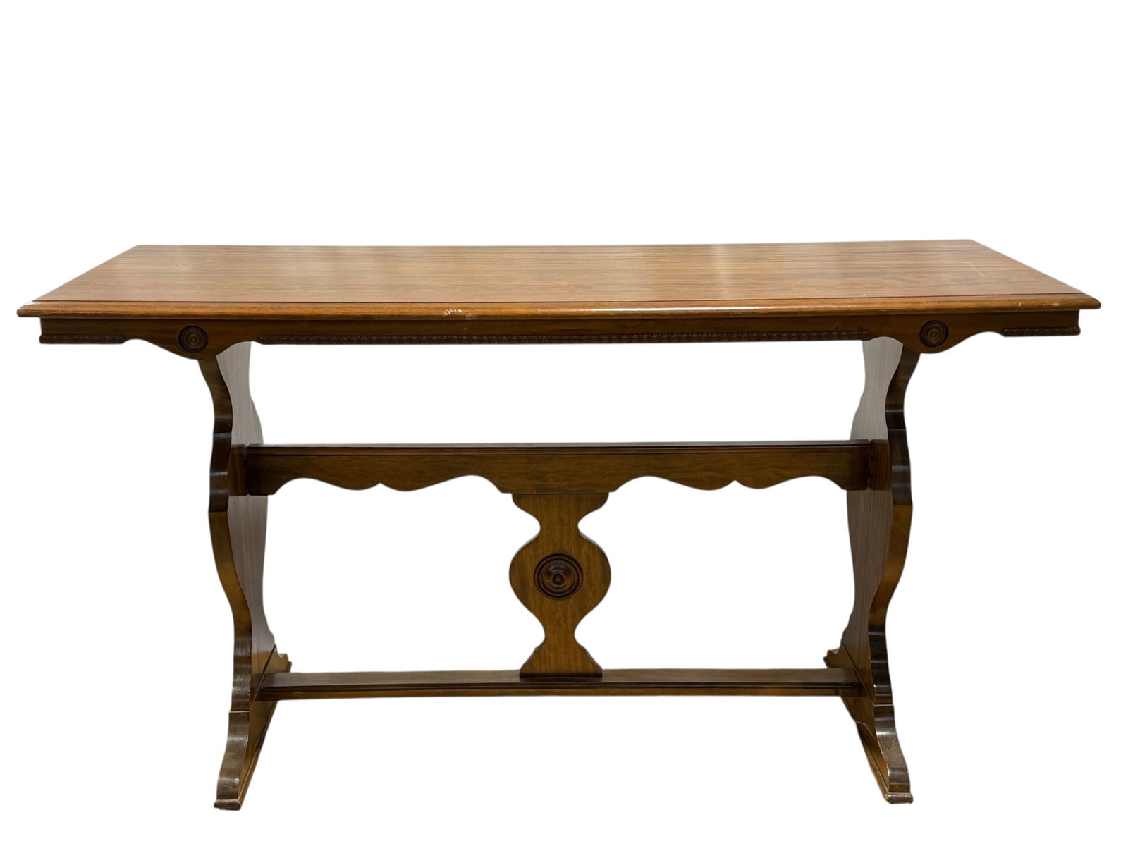Mahogany Console Table: Mahogany Console Table. Measures 29.25" H x 54" W x 20" D. Has scuffs and scratches. Is wobbling a little bit.