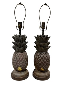 Pair of Early 20th C. Italian Carved Wood Pineapple Lamps