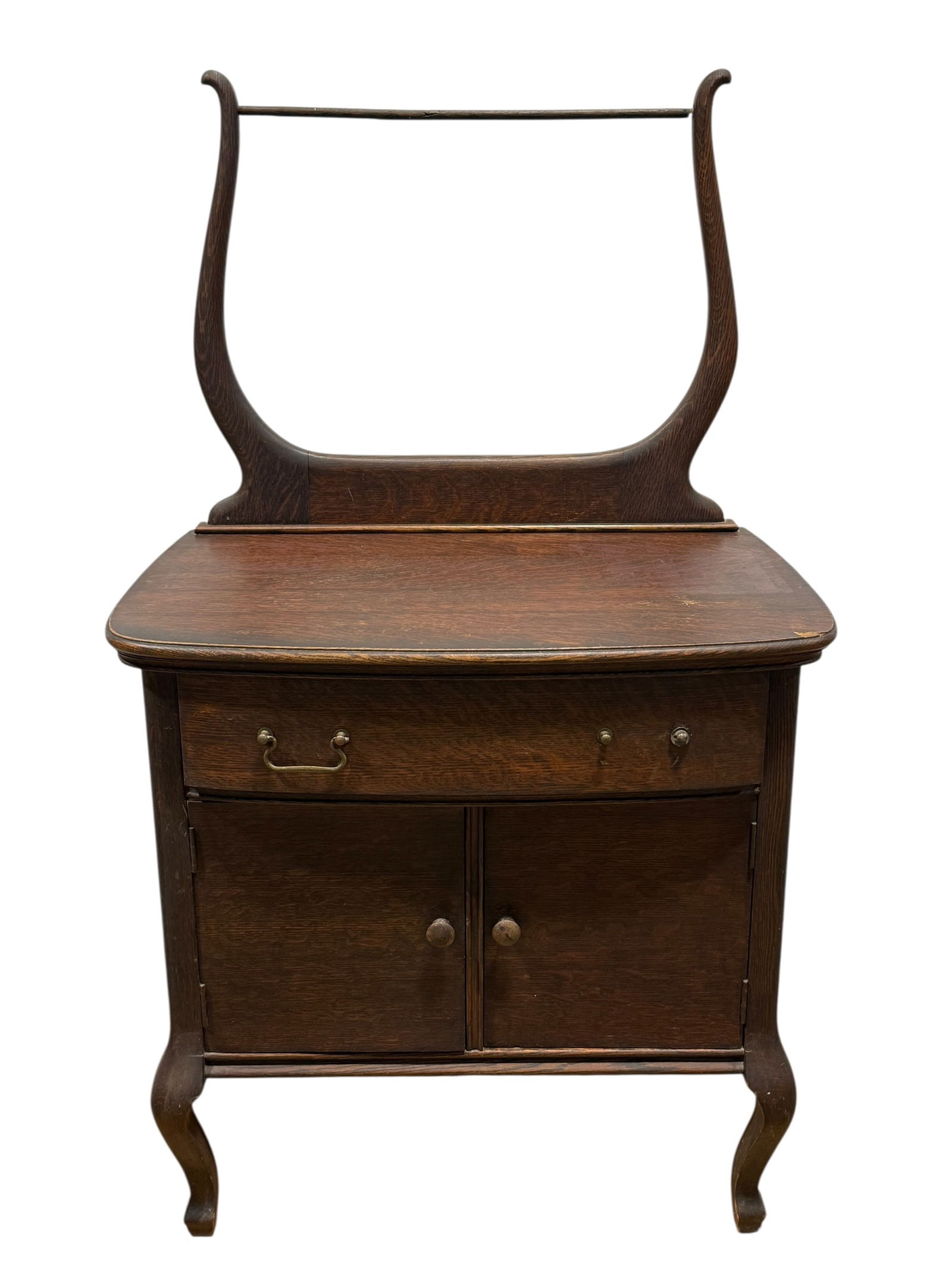 Antique Tiger Oak Washstand: Antique Tiger Oak Washstand. Measures 50.25" H x 30" W x 19.5" D. Has some surface scratches, some chips to veneer and some veneer is peeling. Also, missing a handle.