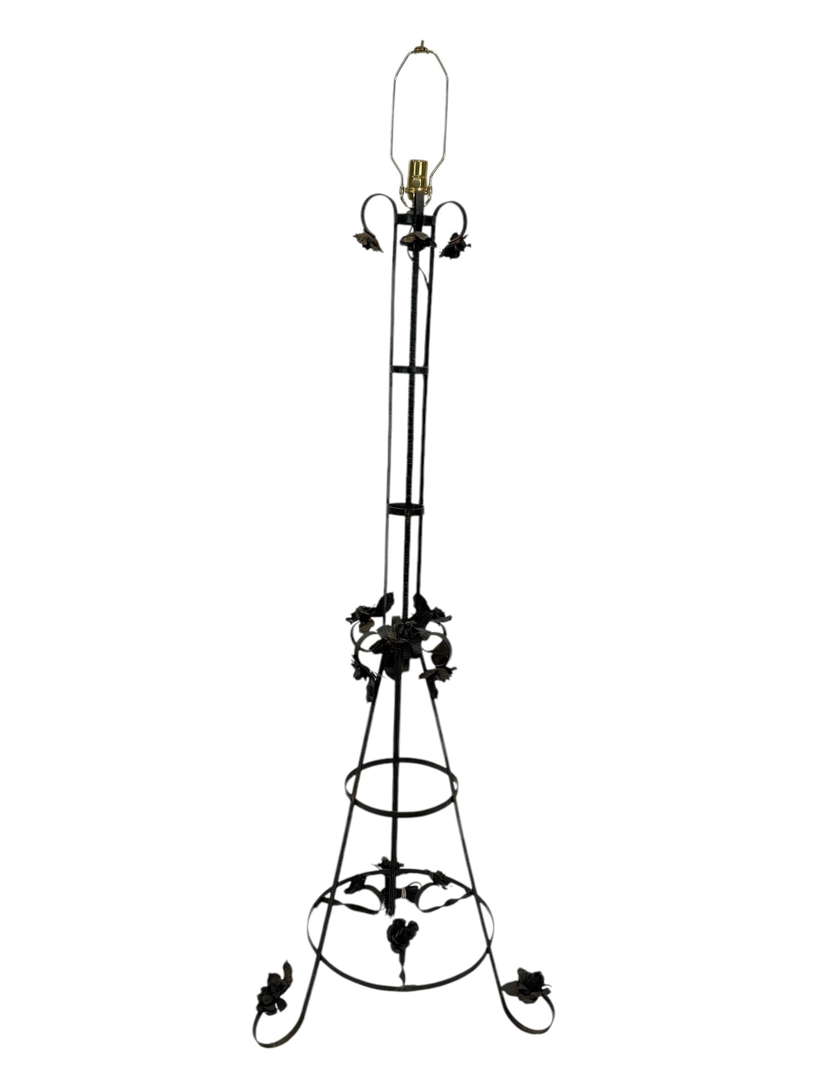 1960s Floral Wrought Iron Floor Lamp: 1960s Floral Wrought Iron Floor Lamp. Measures 70" H x 22.5" W x 19.25" D. Is working. Has some bends and missing finial.