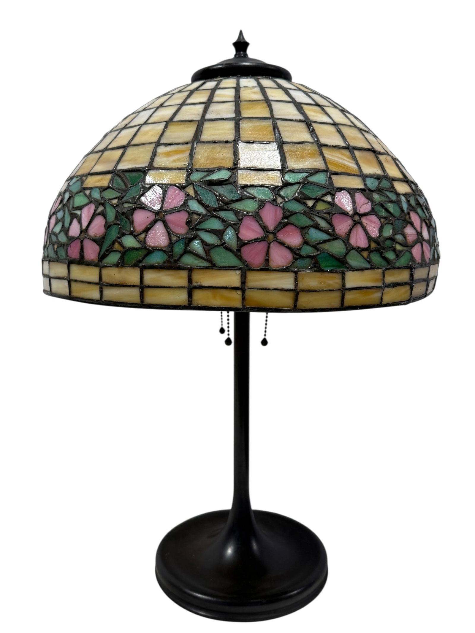 Cir 1920s American Leaded Glass Flower Lamp: Cir 1920s American Leaded Glass Flower Lamp. Measures 23.25" Tall. Shade measures 8" H x 16.5" W x 16" D. Is working. Shade has some cracked panels and piece is separated.