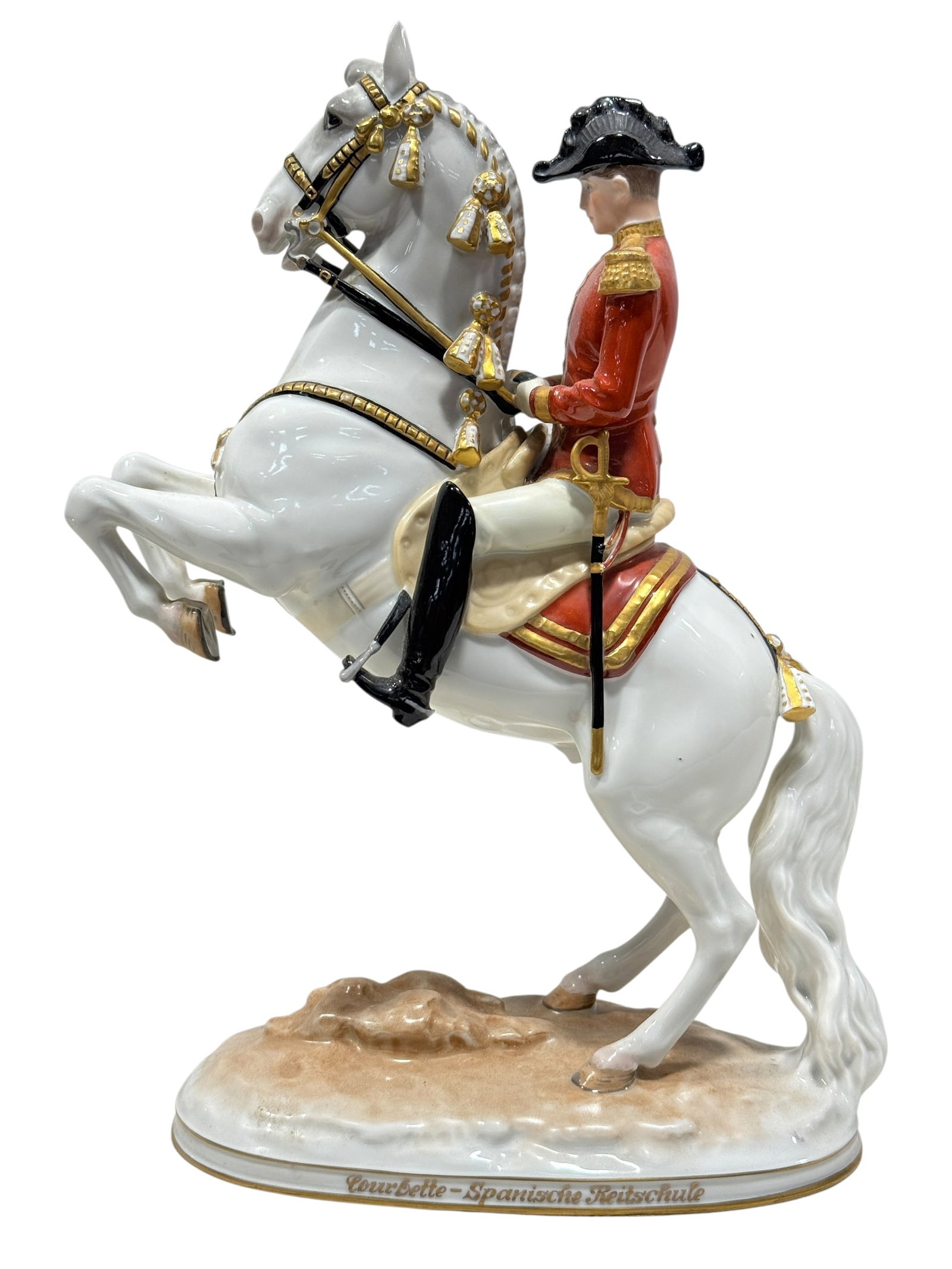 Augarten Vienna Porcelain Spanish Riding School "Courbette" Figurine: Augarten Vienna Porcelain Spanish Riding School "Courbette" Figurine. Measures 11.25" H x 7.5" W x 3.5" D. Has a chip on the back of one shoe.