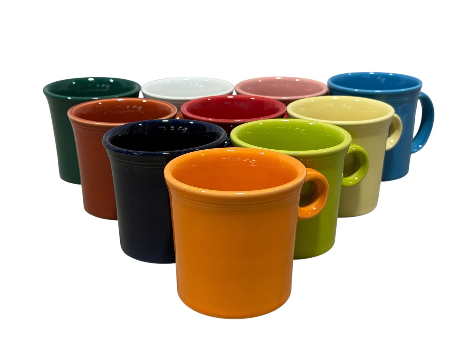 Group of 10 Fiestaware Coffee Cups: Group of 10 Fiestaware Coffee Cups. Marked on the underside. Measures 3.5" Tall. In good condition.