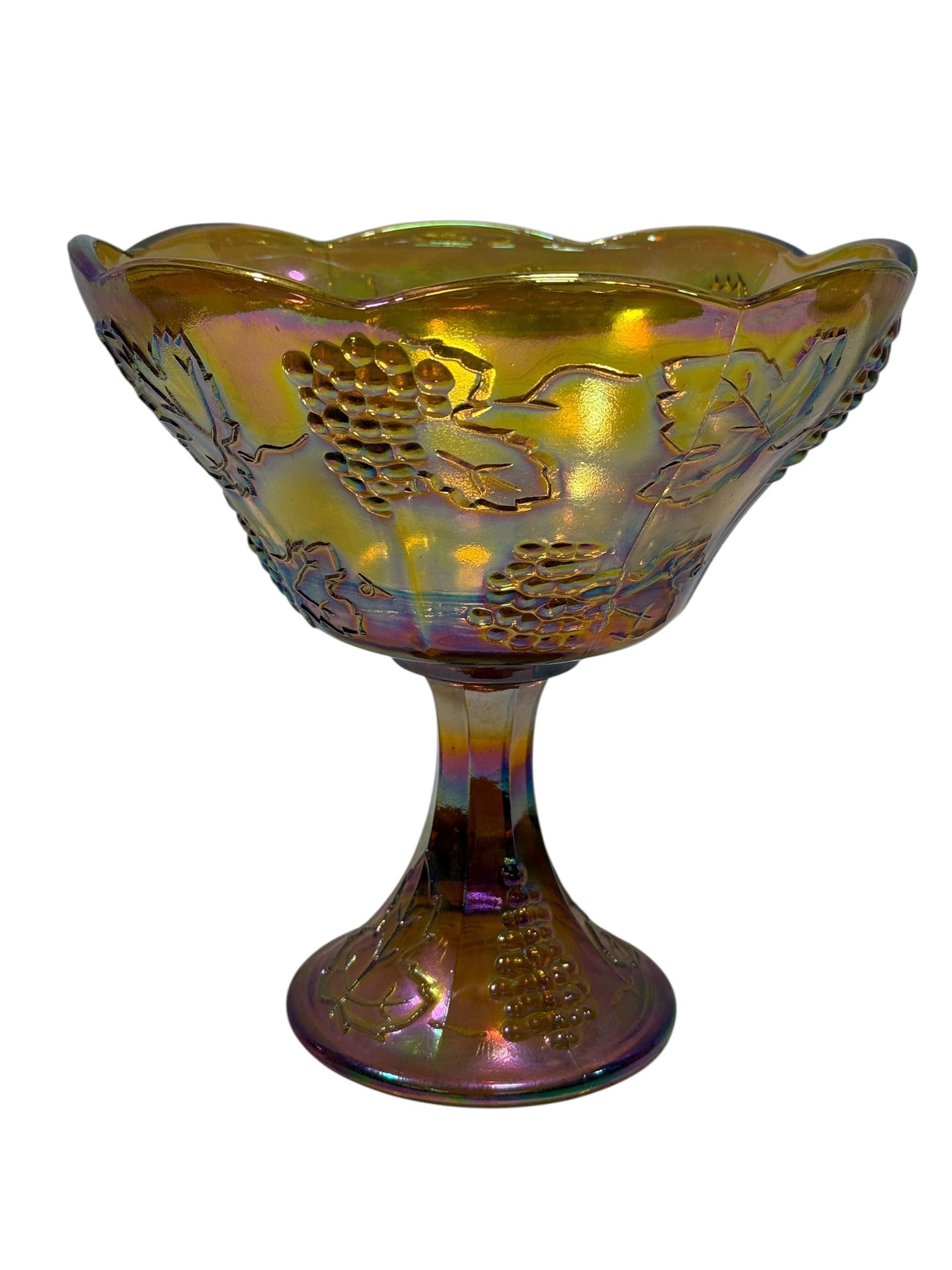 1960s Indiana "Harvest Grape" Marigold Carnival Glass Compote (1 of 5)