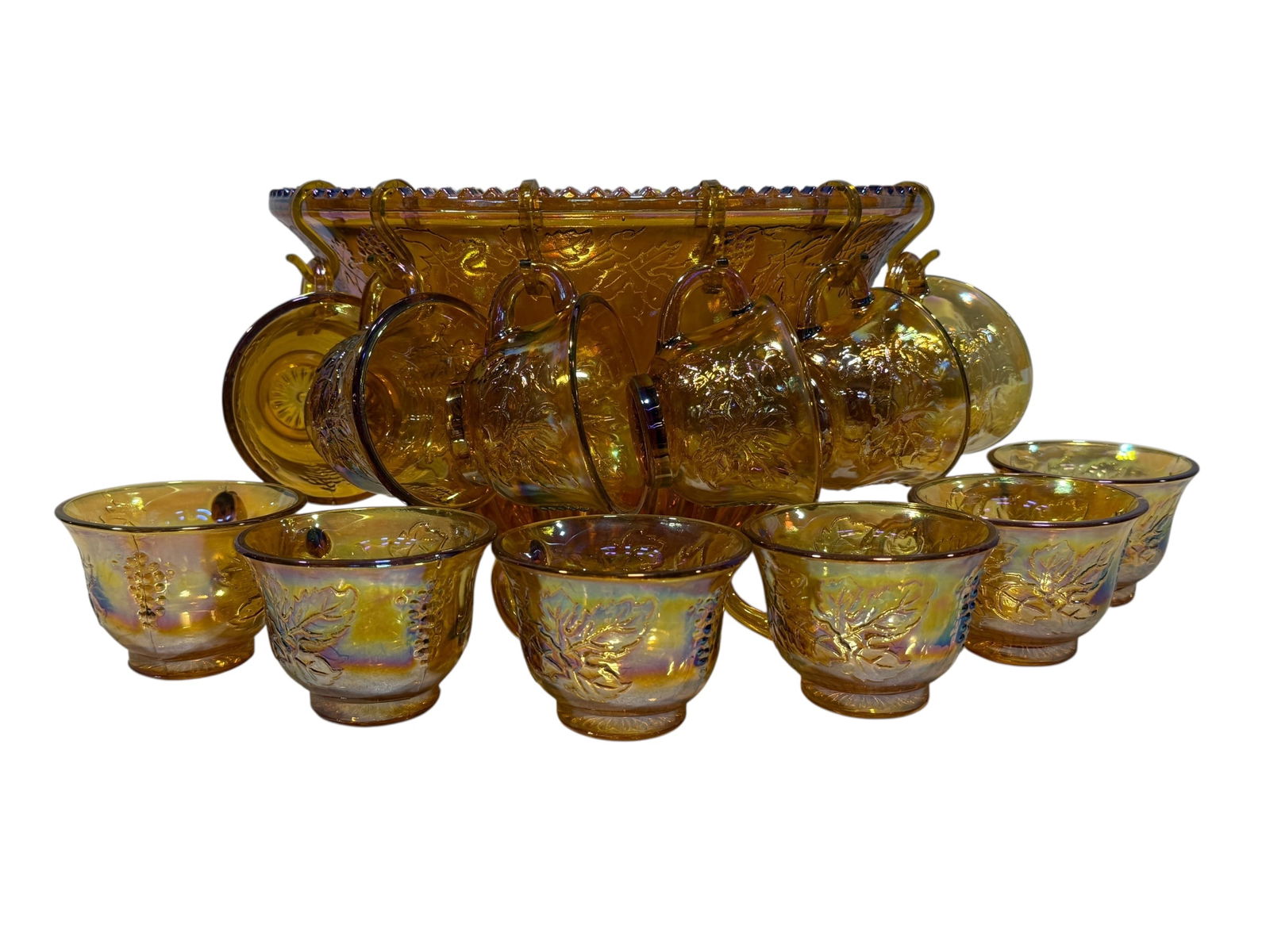13Pc 1960s Indiana "Harvest Grape" Marigold Carnival Glass Punch Bowl Set (1 of 6)