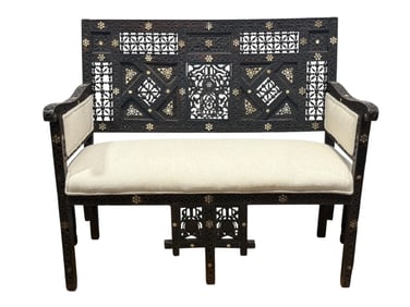 19th C. Syrian Carved Wood & Mother of Pearl Inlay Settee