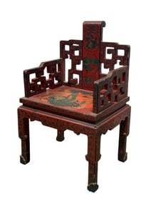 19th C. Chinese Chinoiserie Red Lacquered Arm Chair