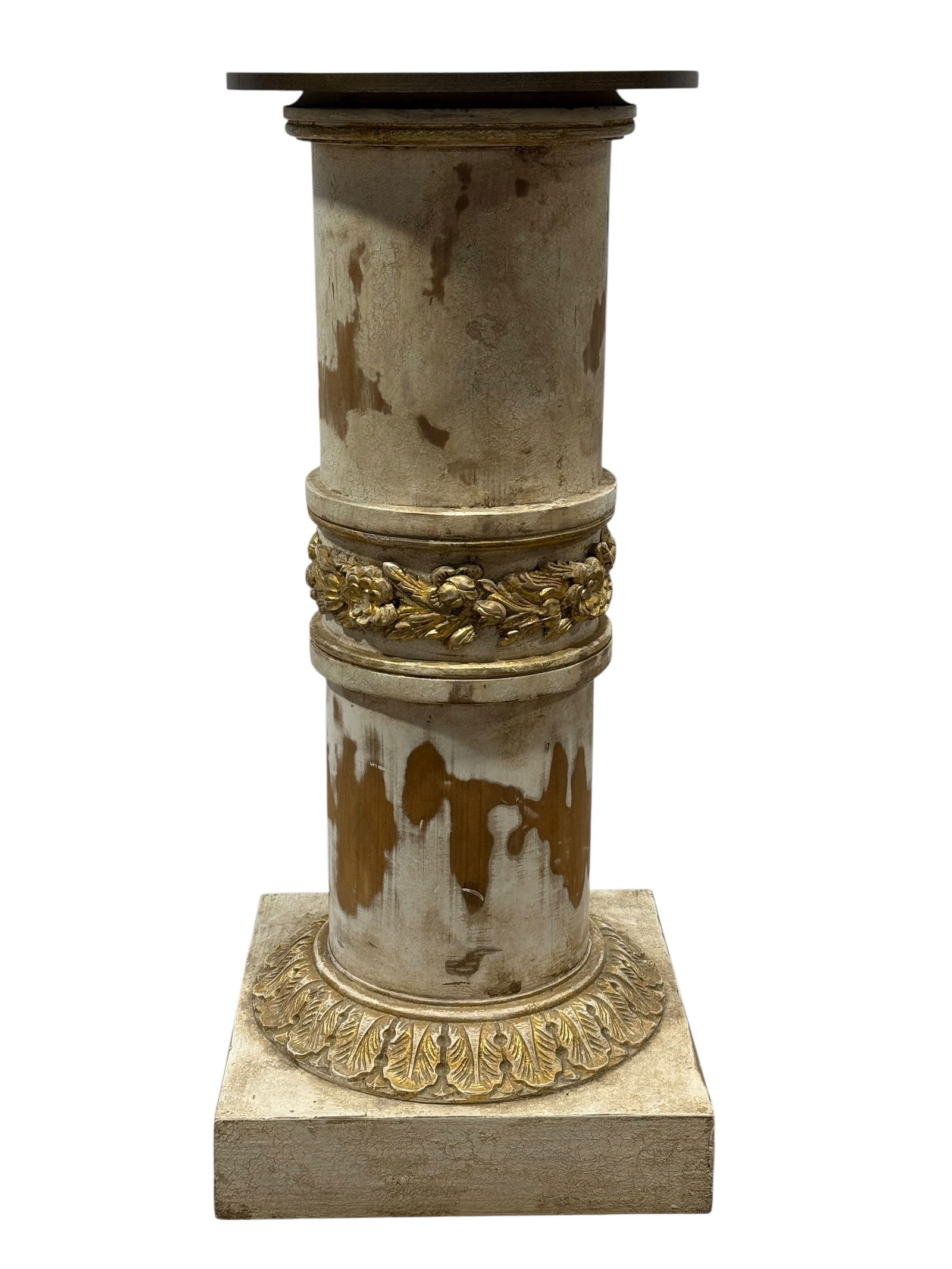 Italian William Switzer Painted & Giltwood Column Pedestal: Italian William Switzer Painted & Giltwood Column Pedestal. Marked on the underside of pedestal. Measures 36.5" H x 16.5" W x 16.5" D. Has some scuffs.