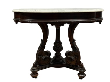 Victorian Mahogany Marble Top Carved Wood Parlor Table