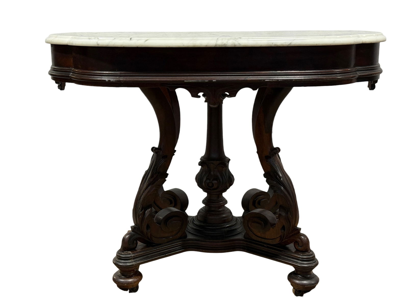 Victorian Mahogany Marble Top Carved Wood Parlor Table (1 of 8)