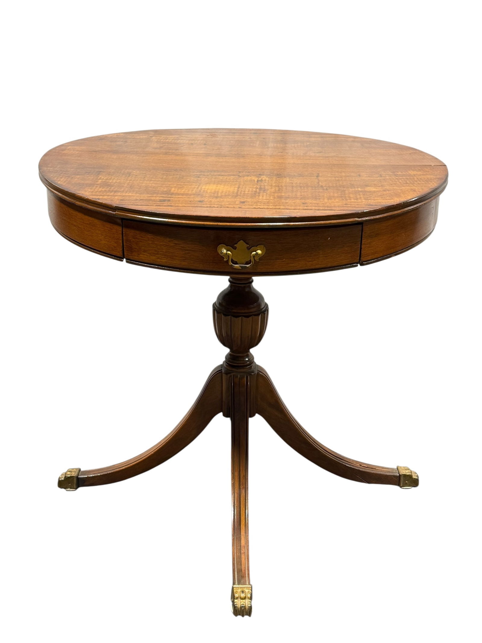 1940s Duncan Phyfe Style Drum Table w/ Drawer: 1940s Duncan Phyfe Style Drum Table w/ Drawer. Measures 28.25" H x 29" W x 29" D. Has scuffs and scratches. 1 leg is cracked.