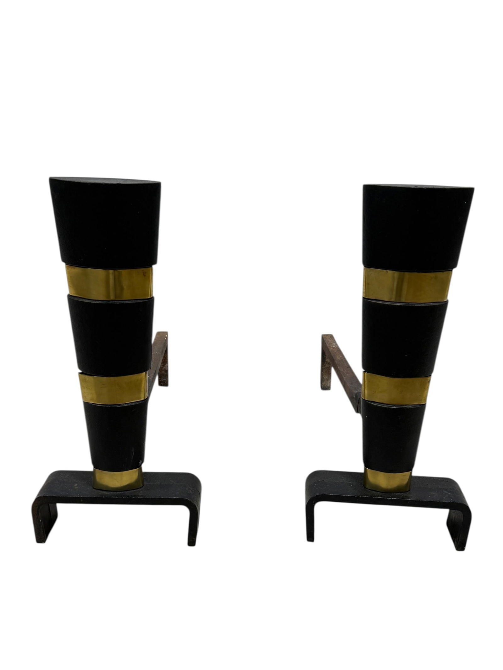 Pair of MCM Cast Iron & Brass Andirons Attr. To Ward Bennett: Pair of MCM Cast Iron & Brass Andirons Attr. To Ward Bennett. Measures 15" H x 7" W x 17.5" D. In used condition.