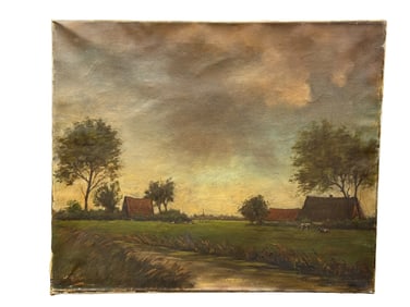 Signed 19th C. Oil on Canvas Landscape w/ Cows Painting