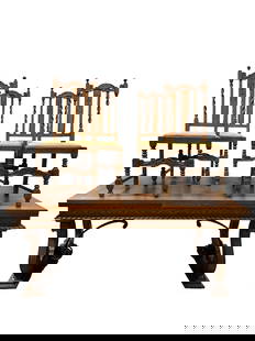 Vintage Oak Carved Pub Table w/ 4 Chairs: Vintage Oak Carved Pub Table w/ 4 Chairs. Chairs seats are inscribed 1976, mam and mm 75. Table measures 30.5" H x 71" W x 39.25" D. Table top measures 130" x 39.25" with leaves out. Chairs measure 41