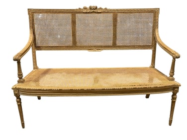 Late 19th C. French Carved Wood & Caned Settee
