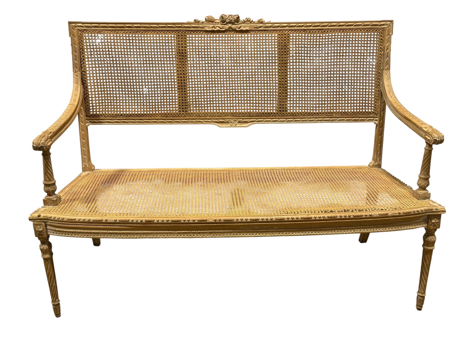 Late 19th C. French Carved Wood & Caned Settee (1 of 13)