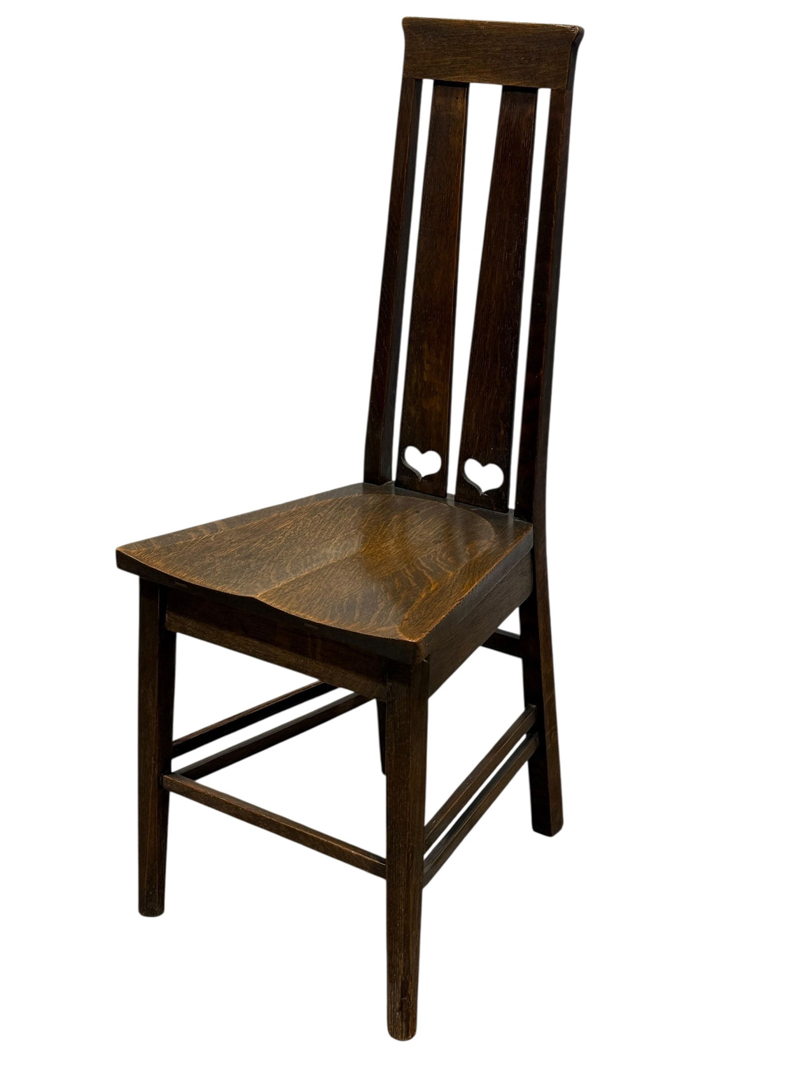 Antique American Arts & Crafts Tiger Oak Chair: Antique American Arts & Crafts Tiger Oak Chair . Measures 38.75" H and seat height measures 18" H. Has some scuffs and back leg has a chip.