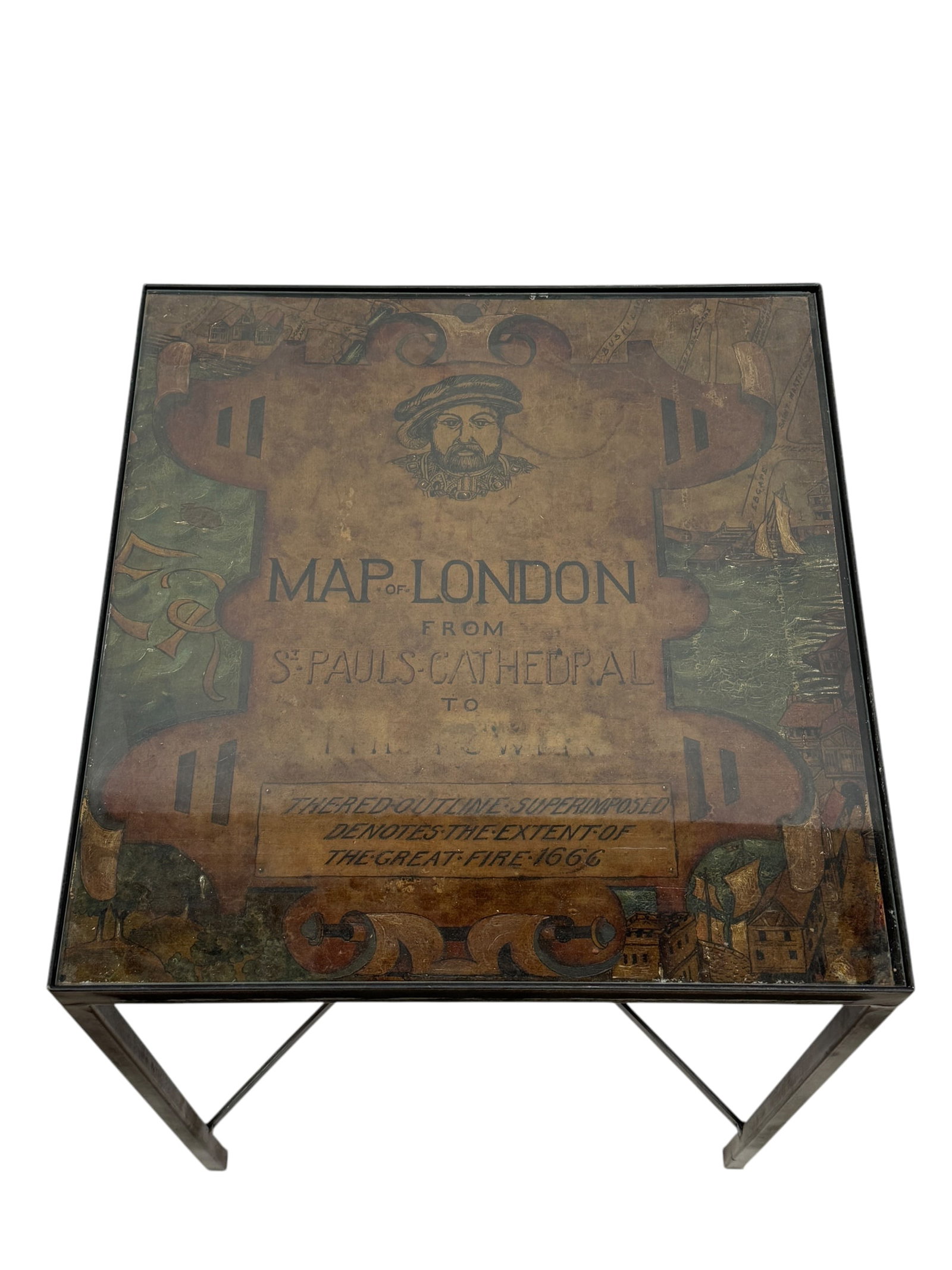 Iron Table w/ Antique Painted Panel of London: Iron Table w/ Antique Painted Panel of London. Measures 23.75" H x 19.5" W x 20.5" D. In good condition.