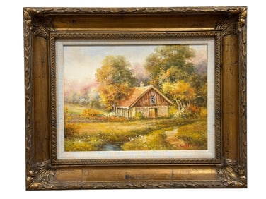 Signed Kye Adams Oil on Canvas Barn & River Scene Painting
