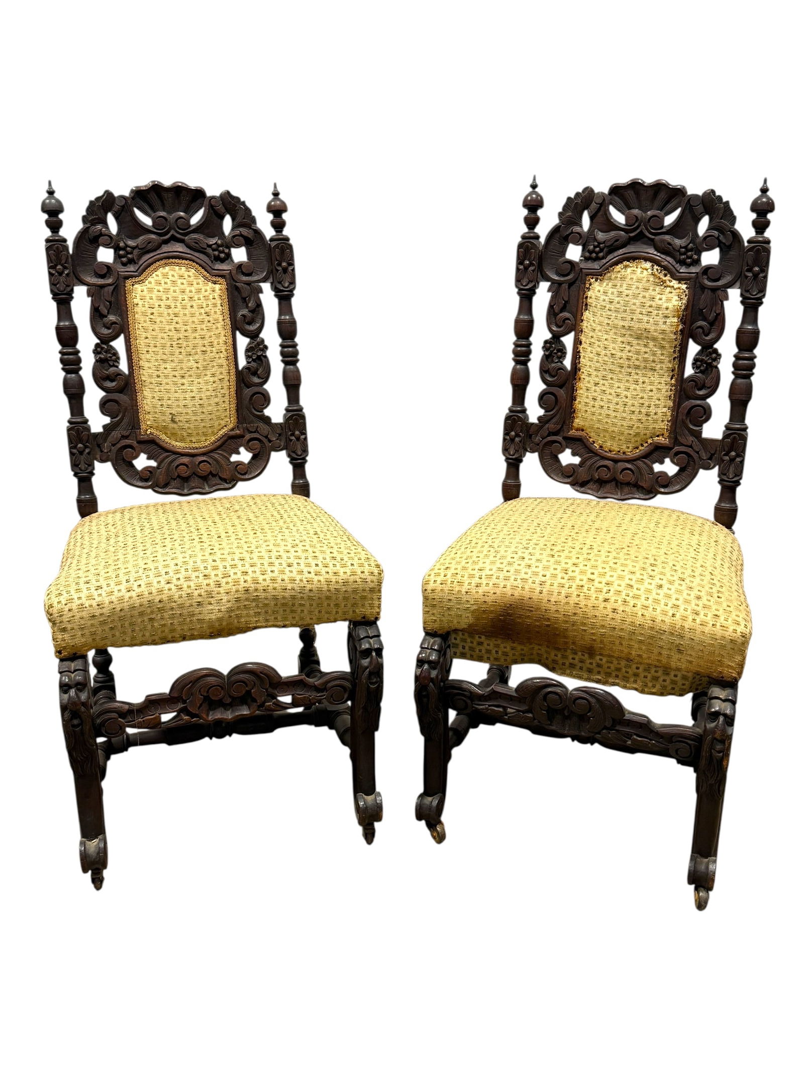 Pair of 19th C. Carved Wood Parlor Chairs: Pair of 19th C. Carved Wood Parlor Chairs. Measures 40.5" H and seat height measures 20.5" H. Has scuffs and scratches. Fabric has some stains and some fabric needs to be redone (see photos).