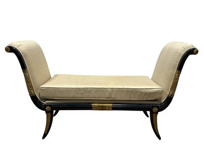 Ebonized & Gilt Regency Style Window Bench: Ebonized & Gilt Regency Style Window Bench. Measures 37.25" H x 67.5" W x 22.5" D. Frame has scuffs and scratches. Fabric has some damage (see photos).