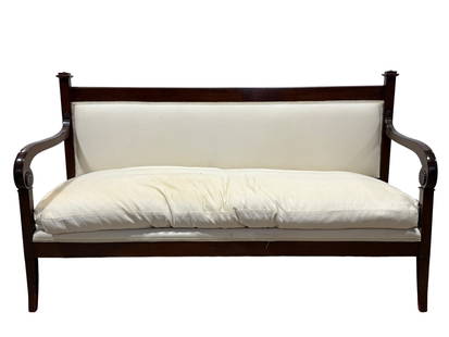 19th C French Empire Canopy Sofa: 19th C French Empire Canopy Sofa. Measures 41" H x 69.25" W x 25.5" D. Seat height measures 21" H. Frame has some scuffs. Cushion needs some cleaning.