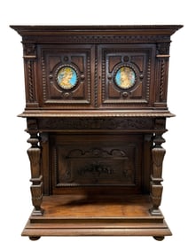 19th C. French Renaissance Revival Oak Wine Cabinet w/ Sevres Plaques
