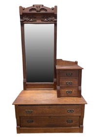Antique Carved Oak Gentleman's Dresser w/ Mirror