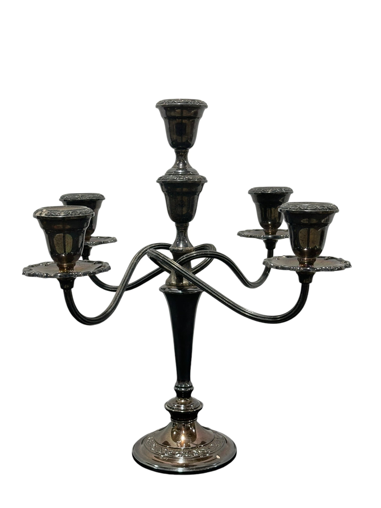 Silverplate Candelabra: Silverplate Candelabra. Weighted. Does separate into 3 pieces. Measures 14.75" Tall. Showing patina.