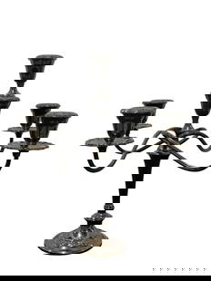 Silverplate Candelabra: Silverplate Candelabra. Weighted. Does separate into 3 pieces. Measures 14.75" Tall. Showing patina.