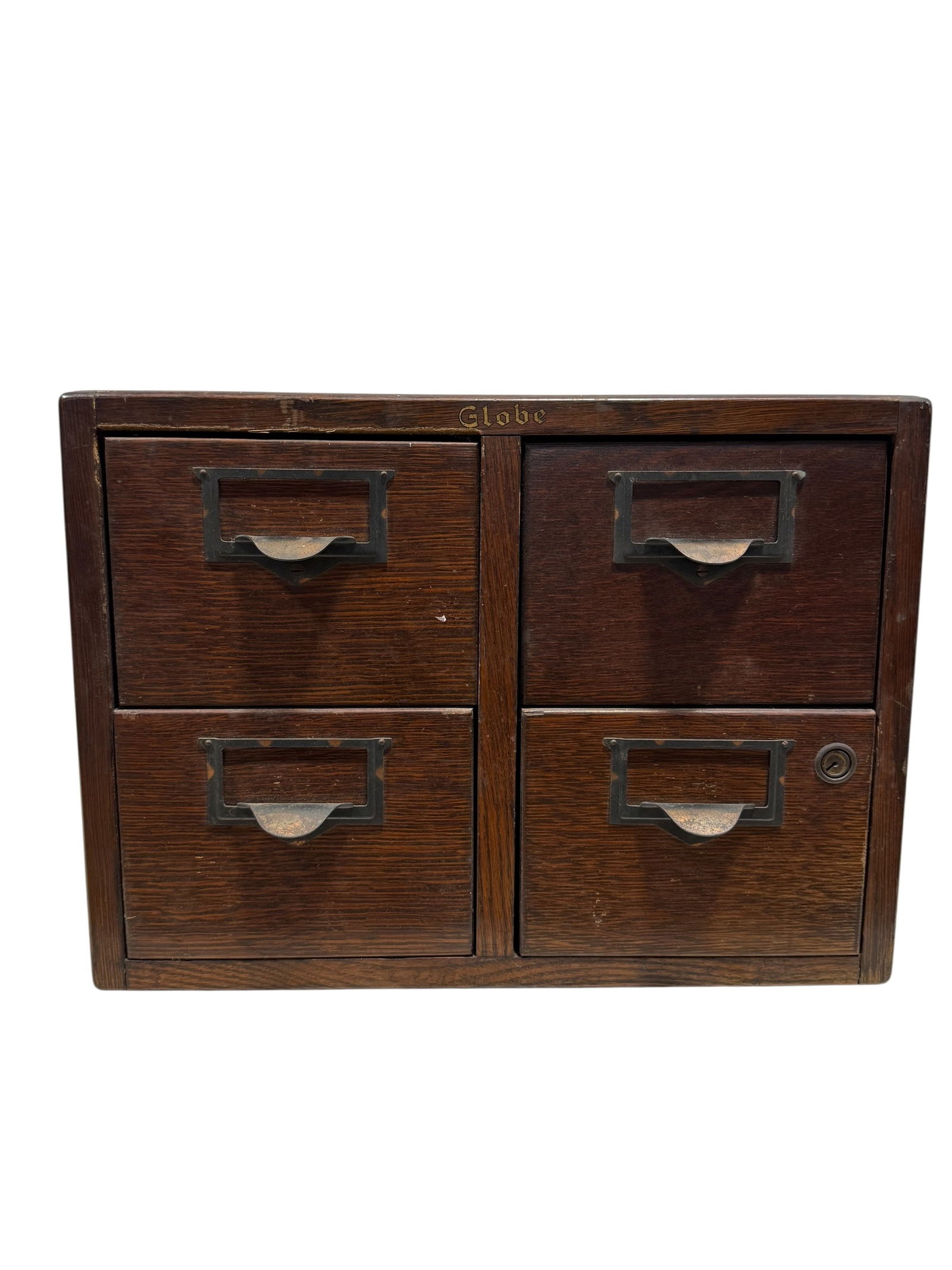 Signed Globe 1920s Tiger Oak Desktop File Cabinet (1 of 9)