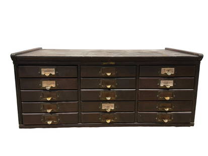 Antique Tiger Oak 15 Drawer Card Catalog Cabinet: Antique Tiger Oak 15 Drawer Card Catalog Cabinet. Measures 14" H x 33" W x 18" D. Condition reflects its age (see photos).