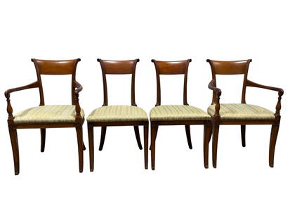 Set of 4 MCM Old Colony Furniture Co. Dining Chairs: Set of 4 MCM Old Colony Furniture Co. Dining Chairs. Old Colony label under all chairs. Measures 34.5" H. Arm chairs measures 34.5" H x 21.5" W x 22" D. Seat height measures 19" H. Chairs have scuffs