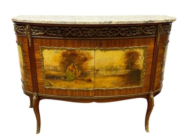 Cir 1920s French Vernis Martin Style Painted Marble Top Commode