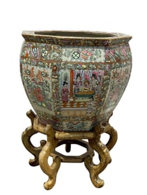 Large Asian Fish Bowl Planter on Wood Base