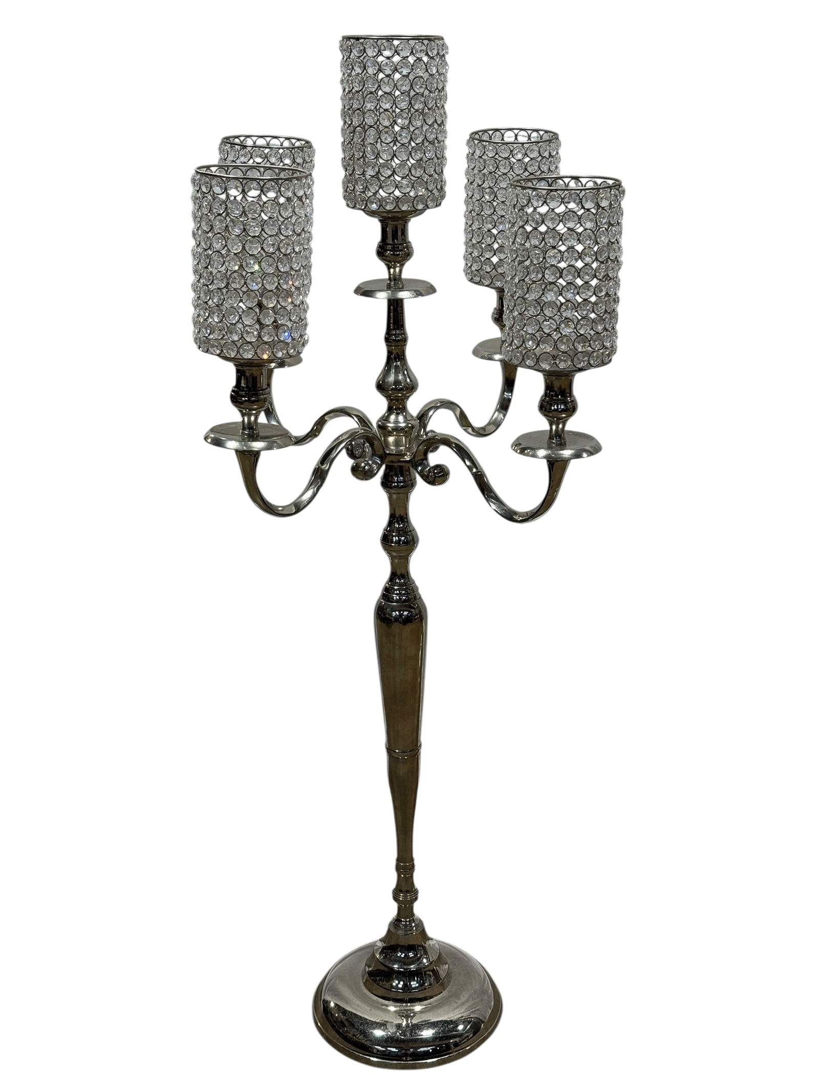 Aluminum & Beaded Floor Candelabra: Aluminum & Beaded Floor Candelabra. Measures 49.5" H x 20" W x 17" D. Showing some patina on aluminum base.